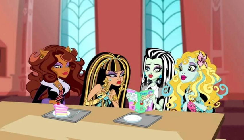 A group of monster high girls sitting at a table.