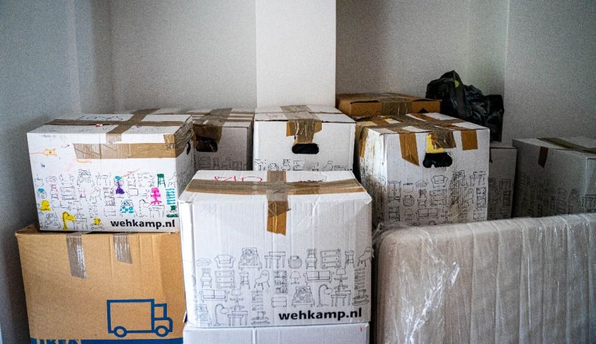 A bunch of boxes stacked up in a room.