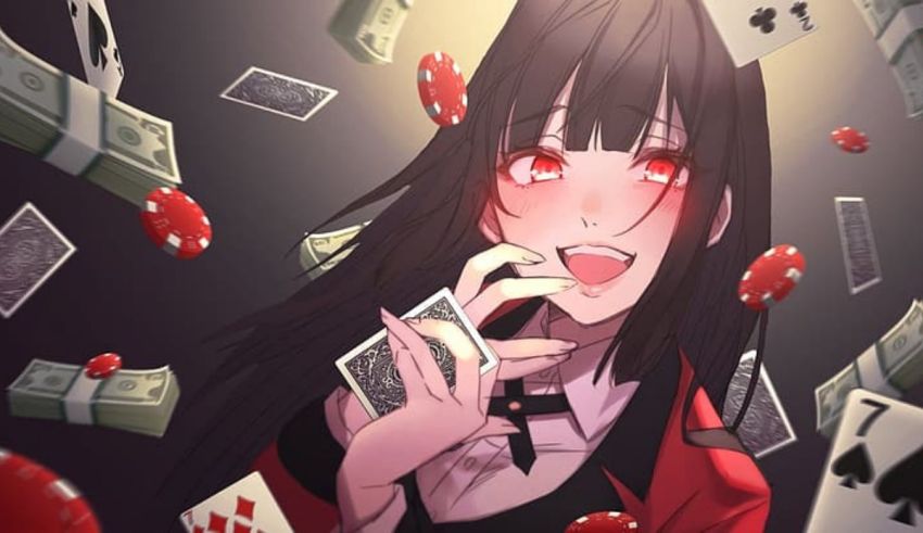 A girl with black hair and red eyes is holding a deck of cards.