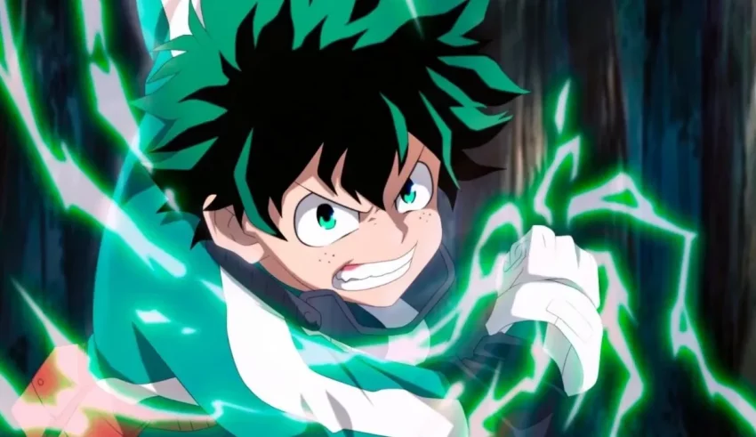 A boy with green hair is holding a lightning bolt.