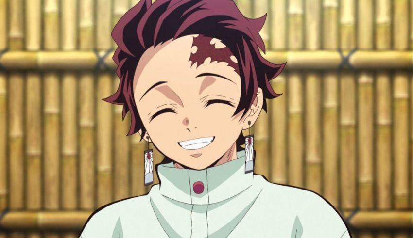 An anime character smiling in front of a bamboo wall.