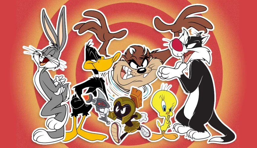 Looney tunes cartoon characters on a red background.