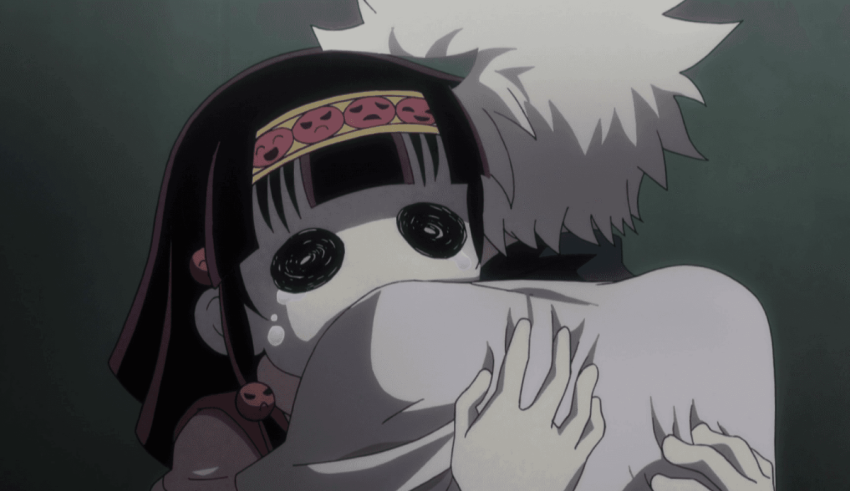 Two anime characters hugging each other.