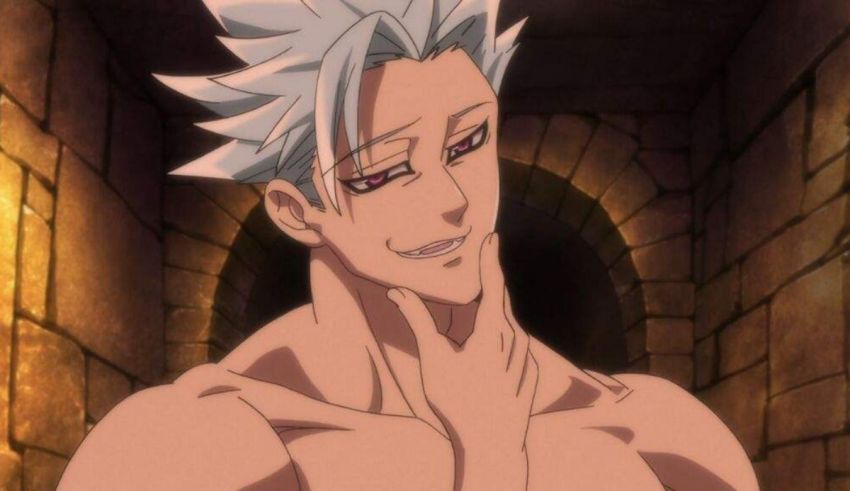 A shirtless anime character with white hair.