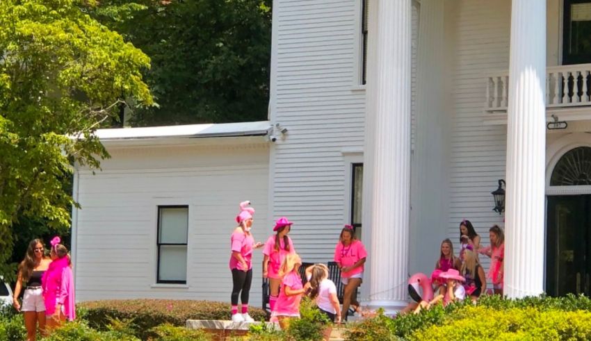 A group of people in pink hats standing on the steps of a white house.