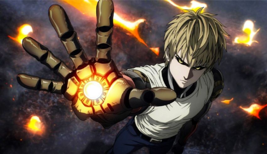An anime character with his hand out in front of a fire.