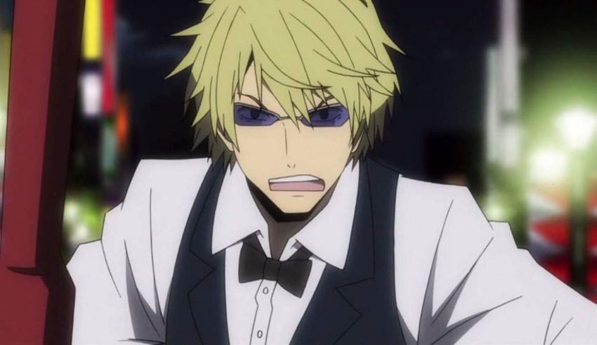 An anime character in a suit and tie holding a gun.