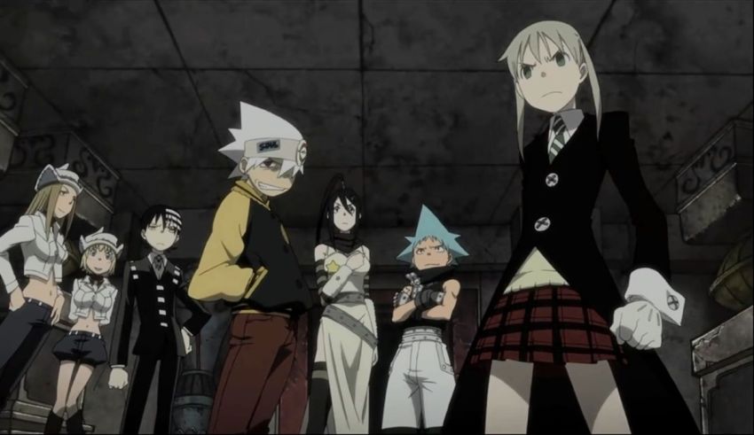 A group of anime characters standing in a room.