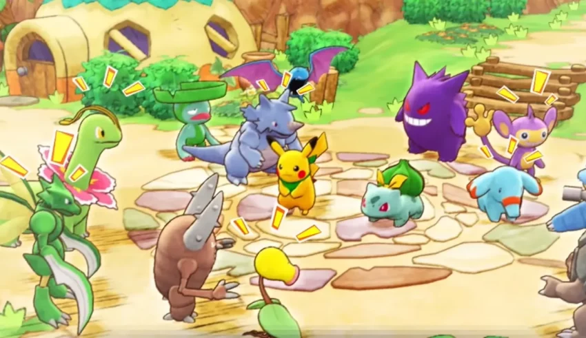 A group of pokemon are standing around in a circle.