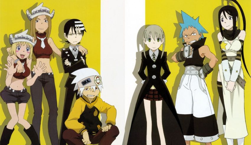 A group of anime characters posing in front of a yellow background.