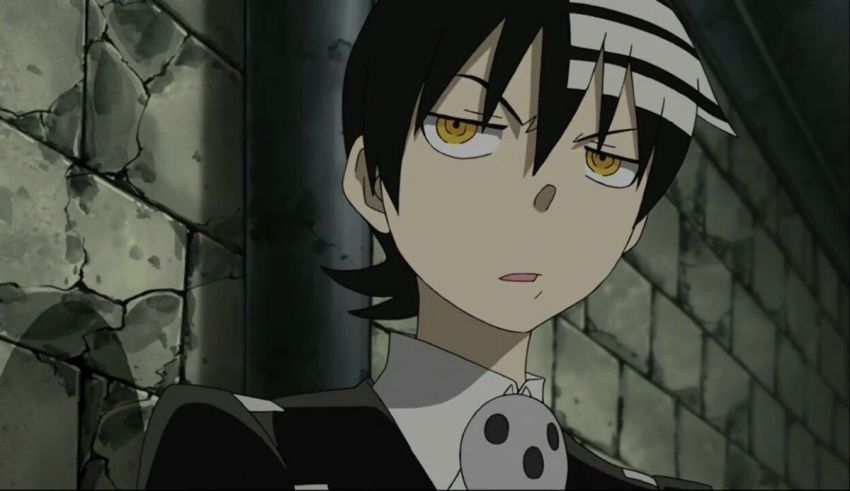 A black and white anime character with yellow eyes.