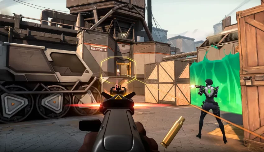 A screenshot of a shooter game with a gun in the background.