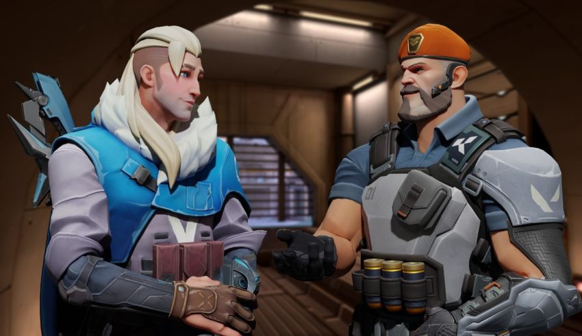 Two characters in a video game talking to each other.
