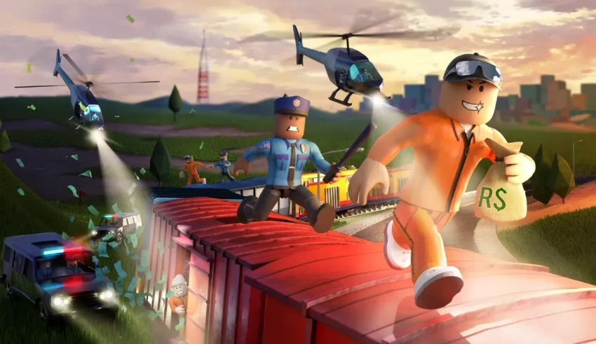 A cartoon image of a man riding a train with a helicopter in the background.
