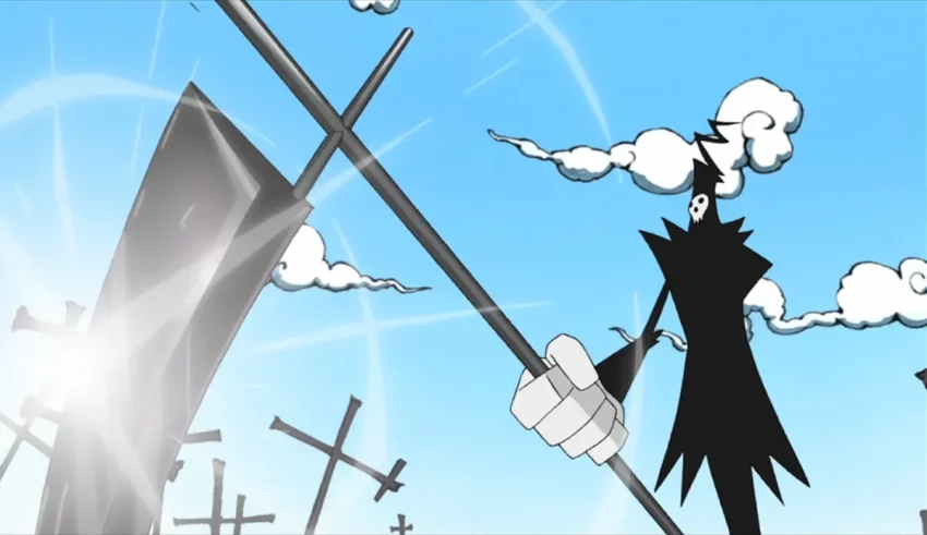 A cartoon character holding a sword in the sky.