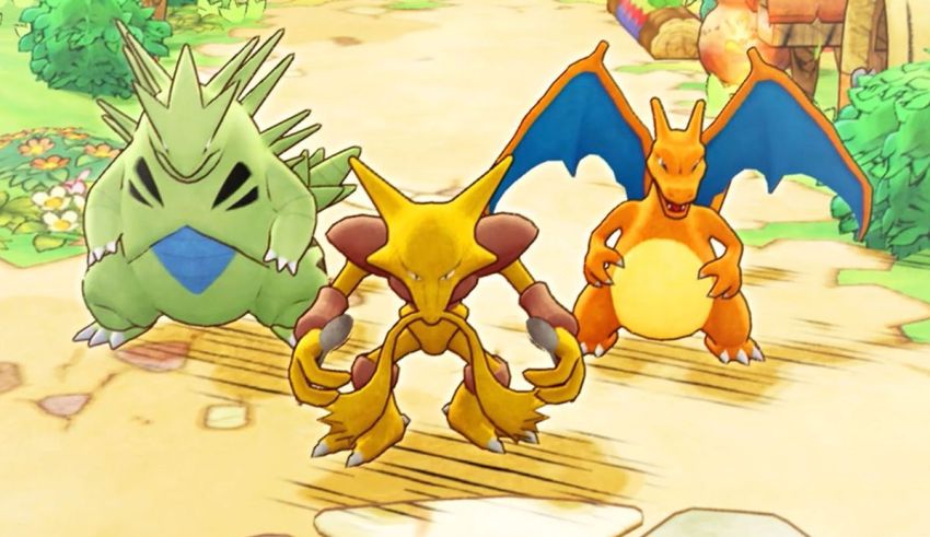 A group of pokemon characters standing on a path.