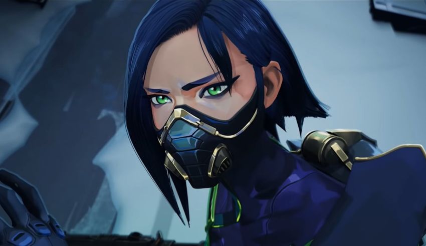 A female character with blue hair and a mask on her face.