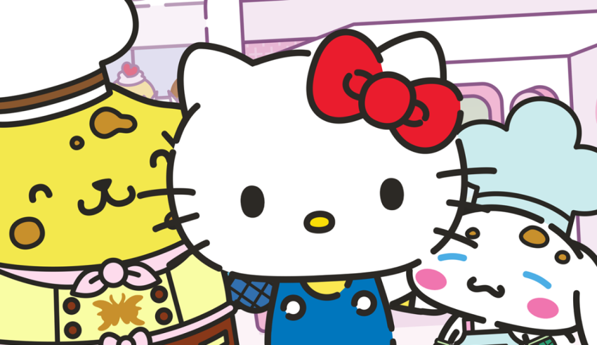 Hello kitty and her friends are standing next to each other.