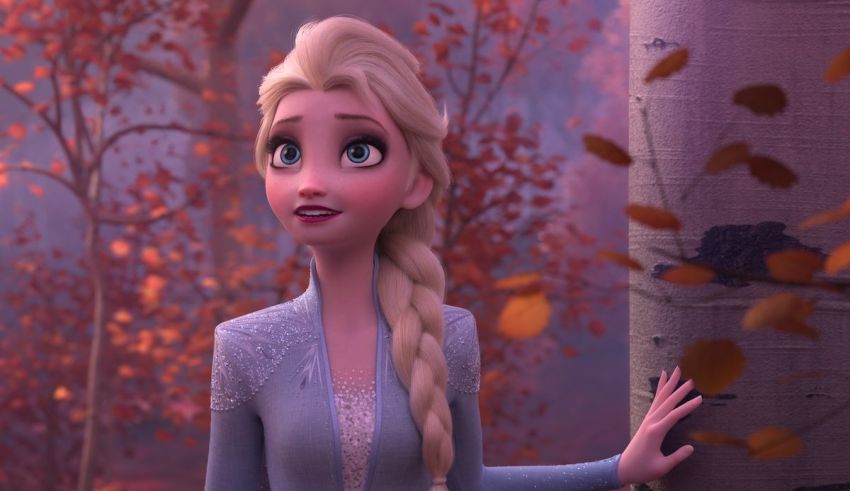 Elsa from frozen is standing next to a tree in a forest.