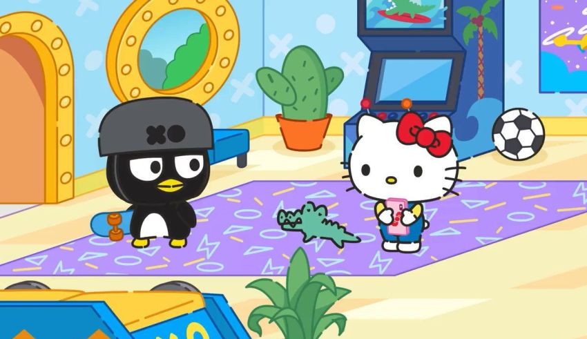 Hello kitty and penguin in a room.