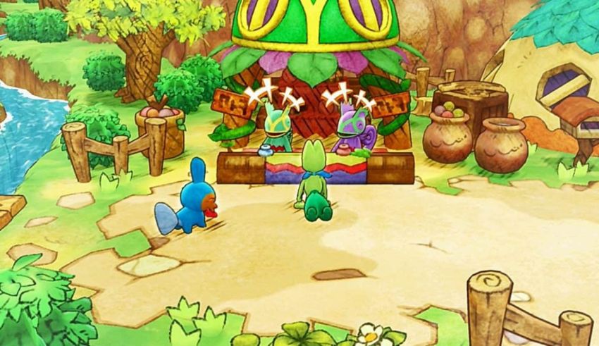 A screenshot of a nintendo game with a village in the background.