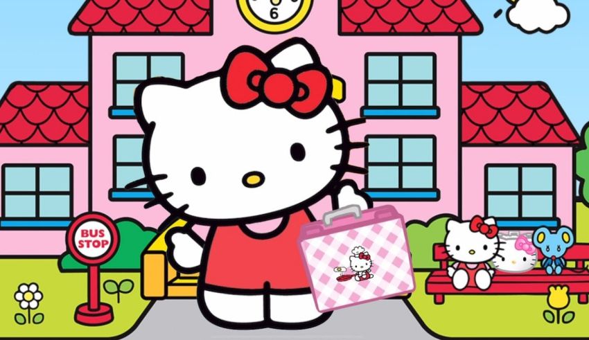 Hello kitty is holding a bag in front of a building.