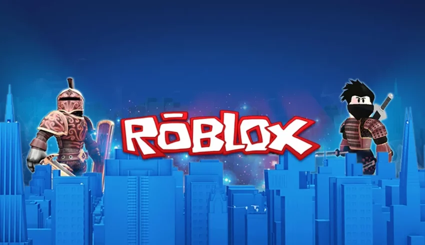 Roblox logo with two people standing in front of a city.