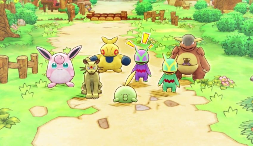 A group of pokemon characters standing on a dirt path.