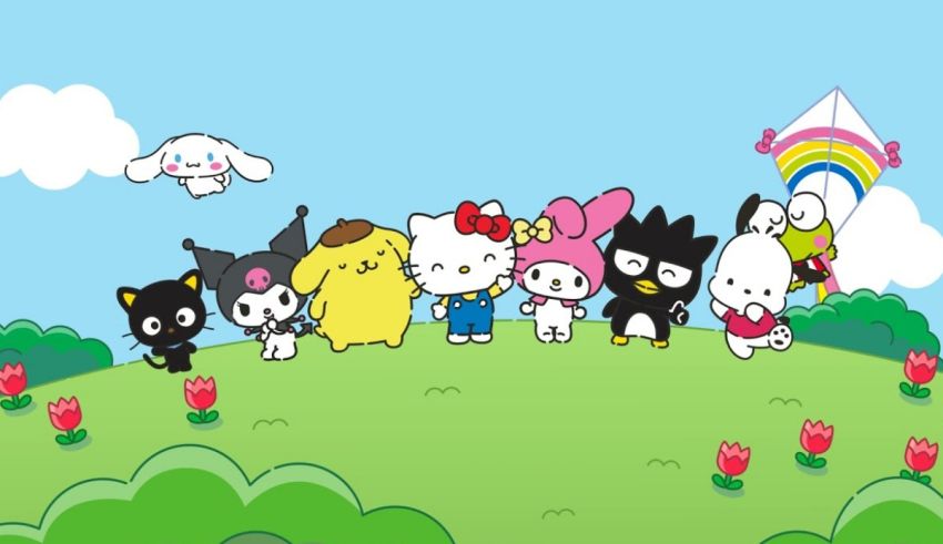 Hello kitty and her friends are standing on a hill.