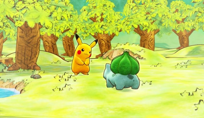 Pokemon pikachu and pikachu in the woods.