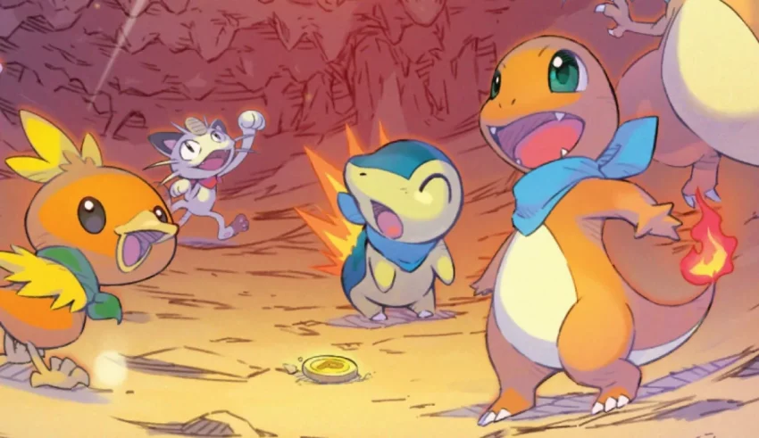 A group of pokemon characters in a cave.