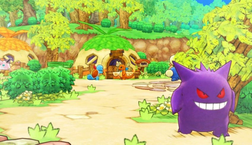 A purple monster is standing in front of a village.