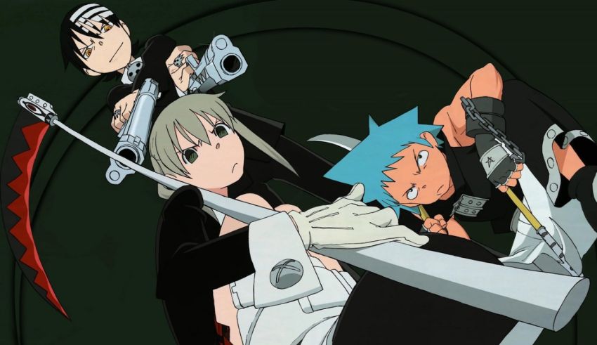A group of anime characters with swords in their hands.