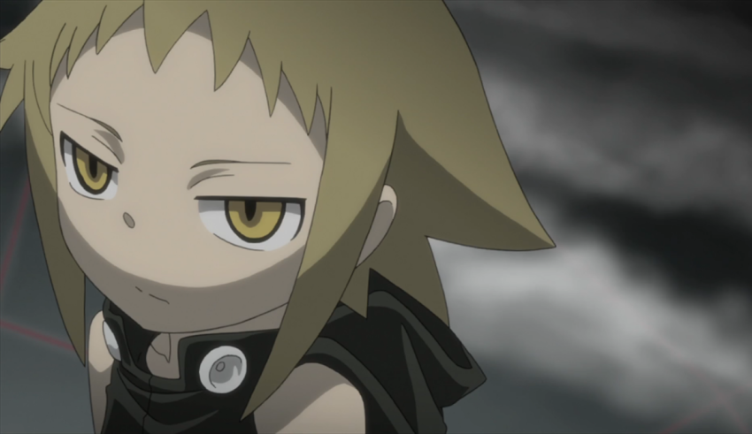 An anime character with yellow eyes and a black background.