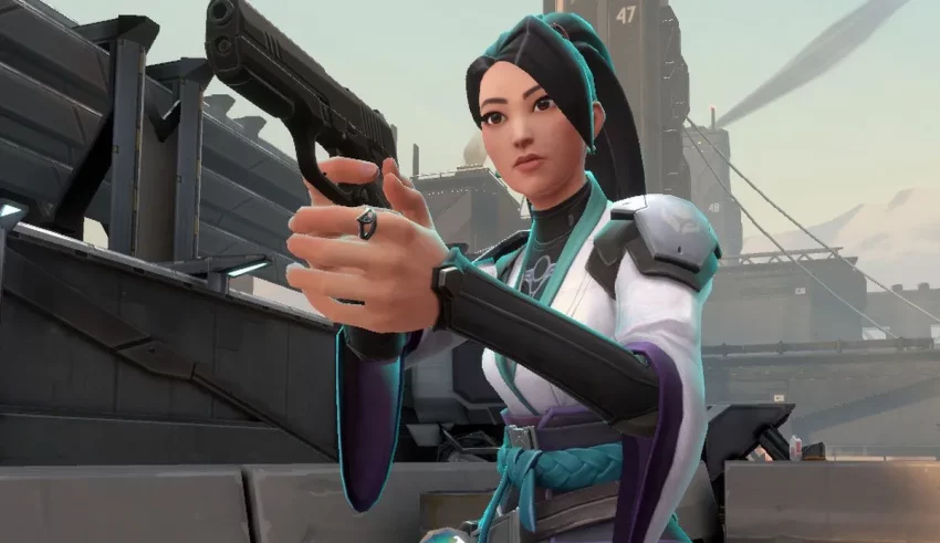 A woman holding a gun in a video game.