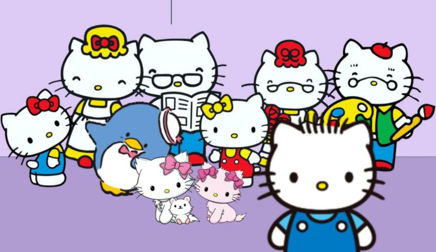 Hello kitty and her friends are standing in front of a purple background.
