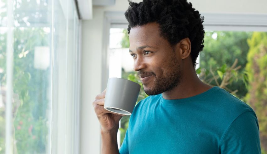 Young african american man drinking coffee from a mug in front of a window.