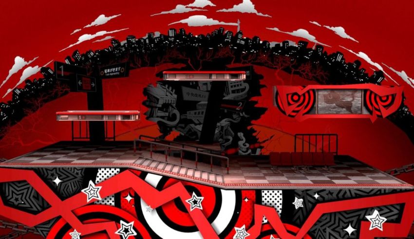 A red and black image of a stage with a red and black background.