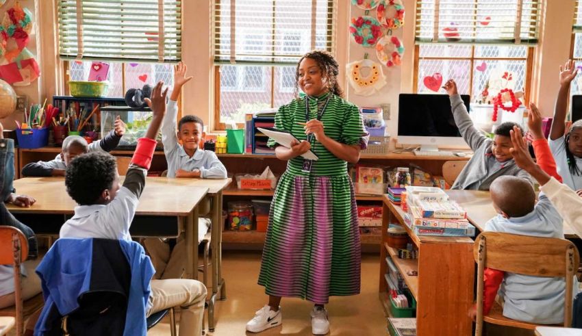 A woman is teaching a class of children in a classroom.