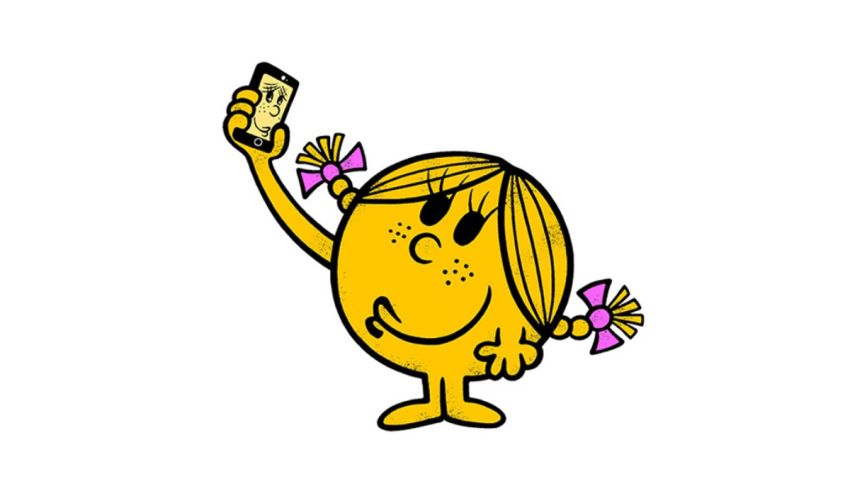 A cartoon of a girl holding a cell phone.