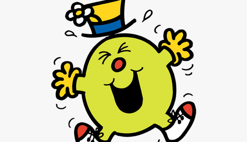 A yellow cartoon character with a hat on his head.