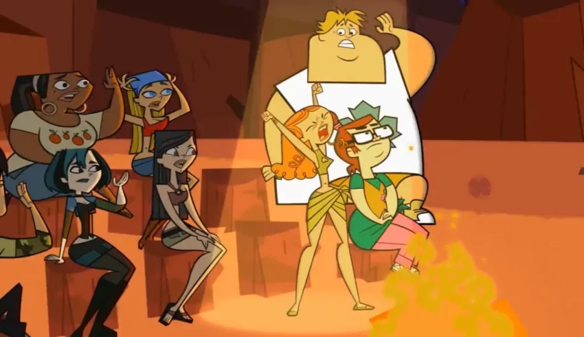 A group of cartoon characters standing in front of a fire.