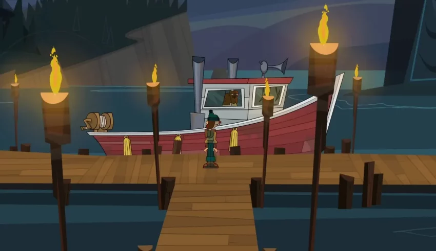 A cartoon image of a boat docked on a dock.