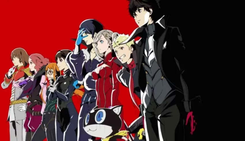 A group of anime characters standing in front of a red background.