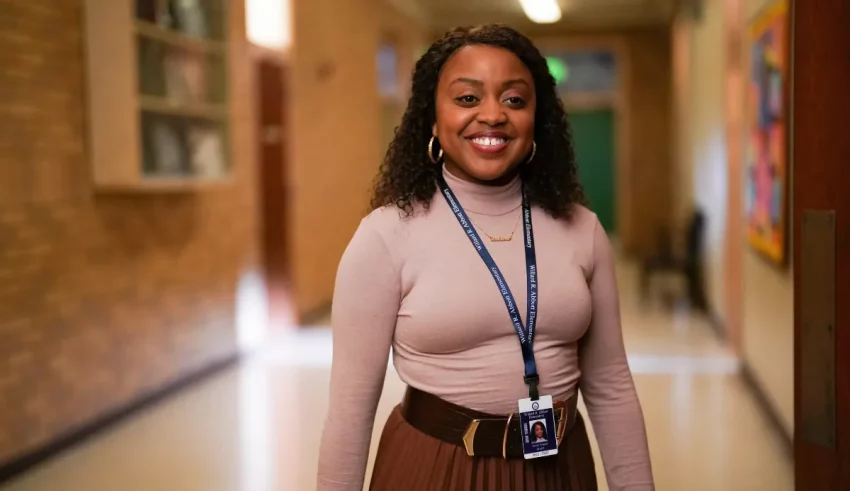 A young woman smiling in a hallway.