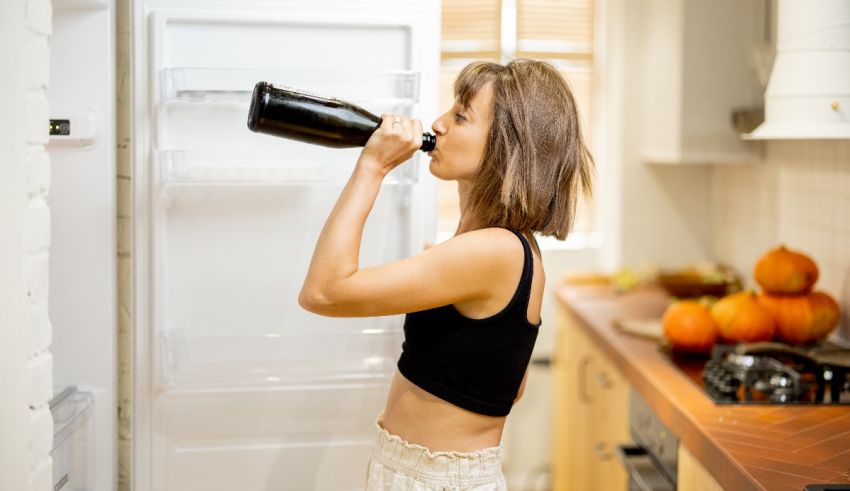 A woman drinking from a bottle in front of a refrigerator.