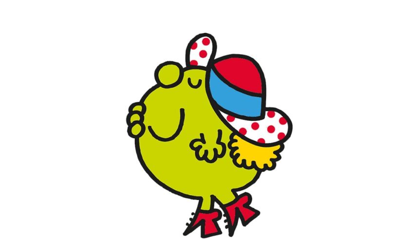 A cartoon of a green bird with a hat and polka dots.