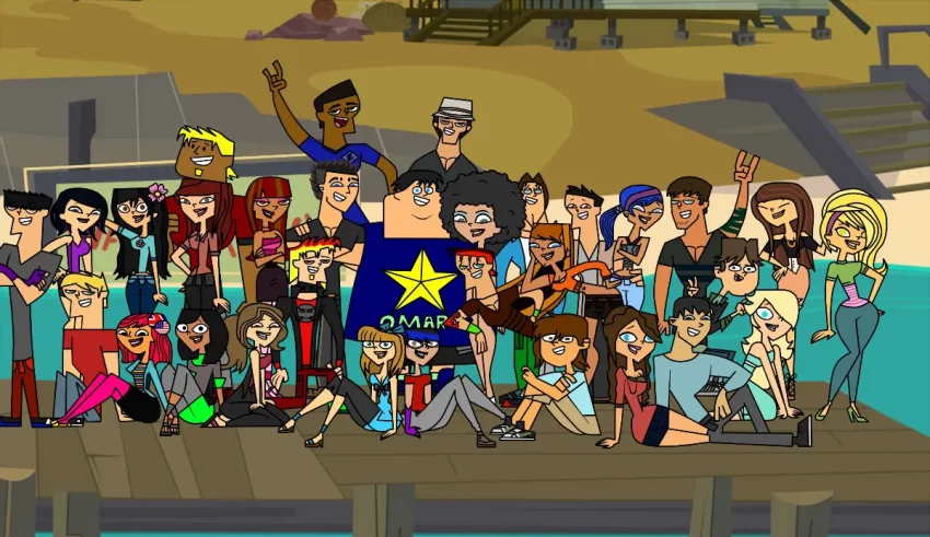 A group of cartoon characters posing on a dock.