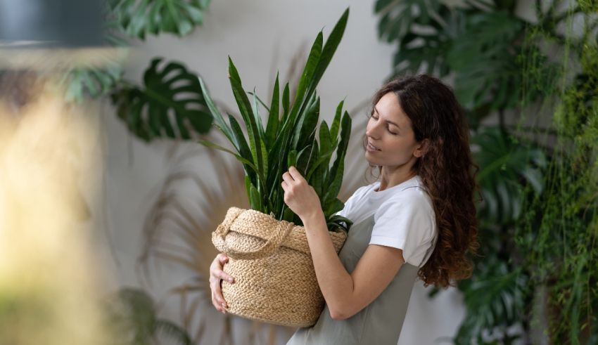 A woman is holding a plant in a basket.