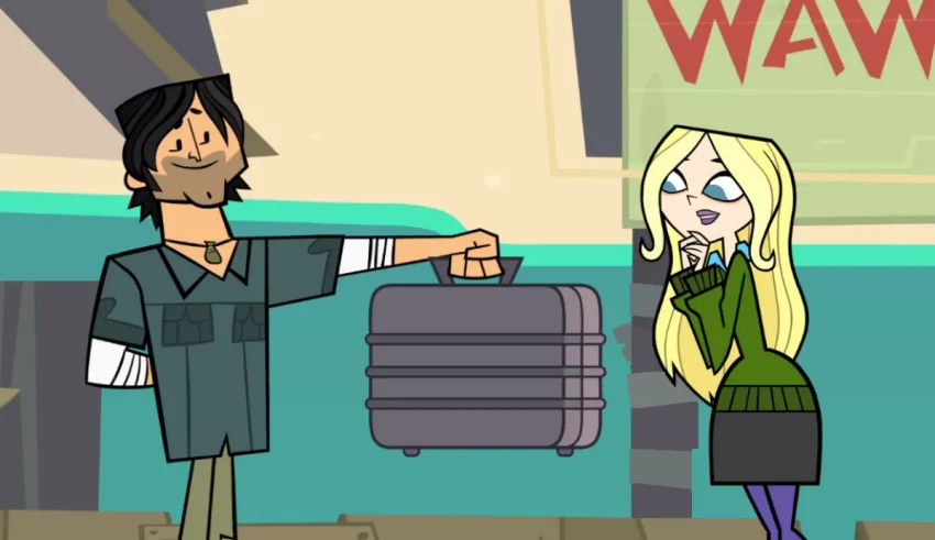 A cartoon man is holding a suitcase and giving it to a woman.